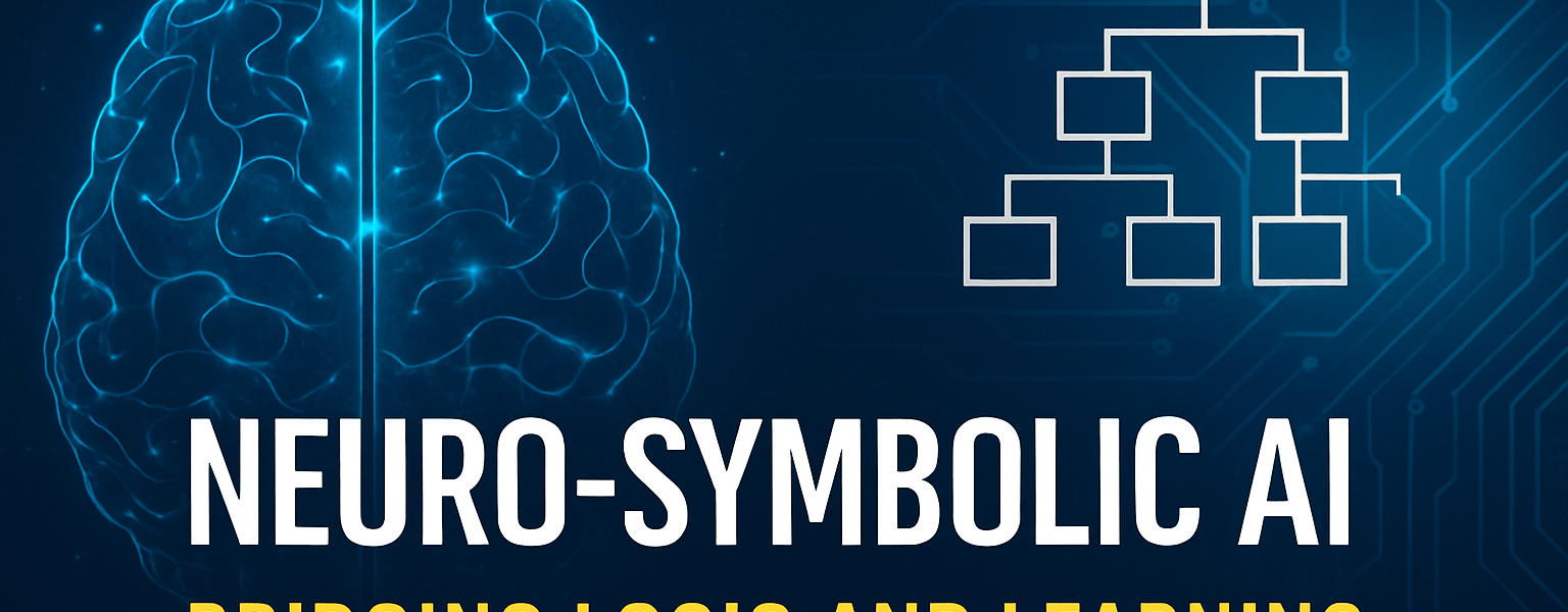 Illustration showing a glowing brain representing neural networks on the left and a symbolic logic tree diagram on the right, with the title “Neuro-Symbolic AI: Bridging Logic and Learning” in bold text beneath.